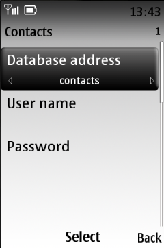 Napište contacts do kolonky Database address